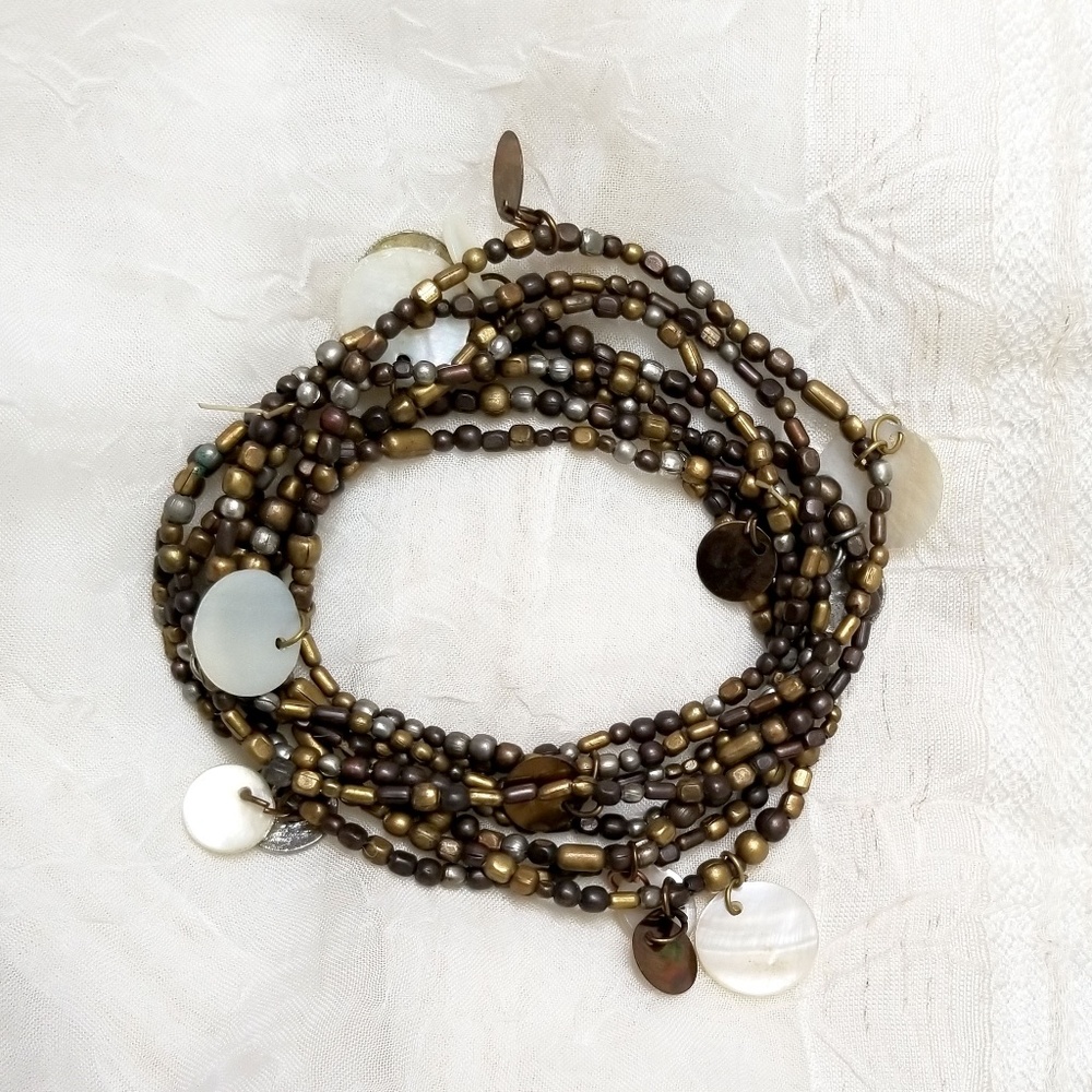 Set of 8 Beaded Gold Tone Shell Coin Bracelets